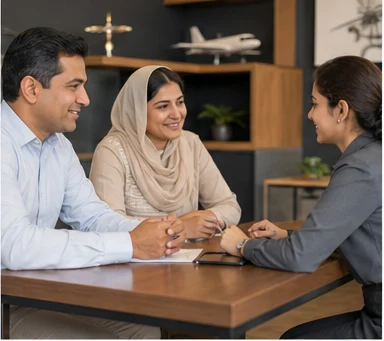 Teacher guiding prospective students