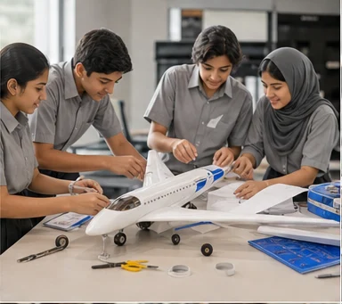 Students collaborating with remote-control aircraft